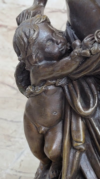 Nude Nymph Girl w/ Cherub Boy Hot Cast Bronze Sculpture on Marble Base