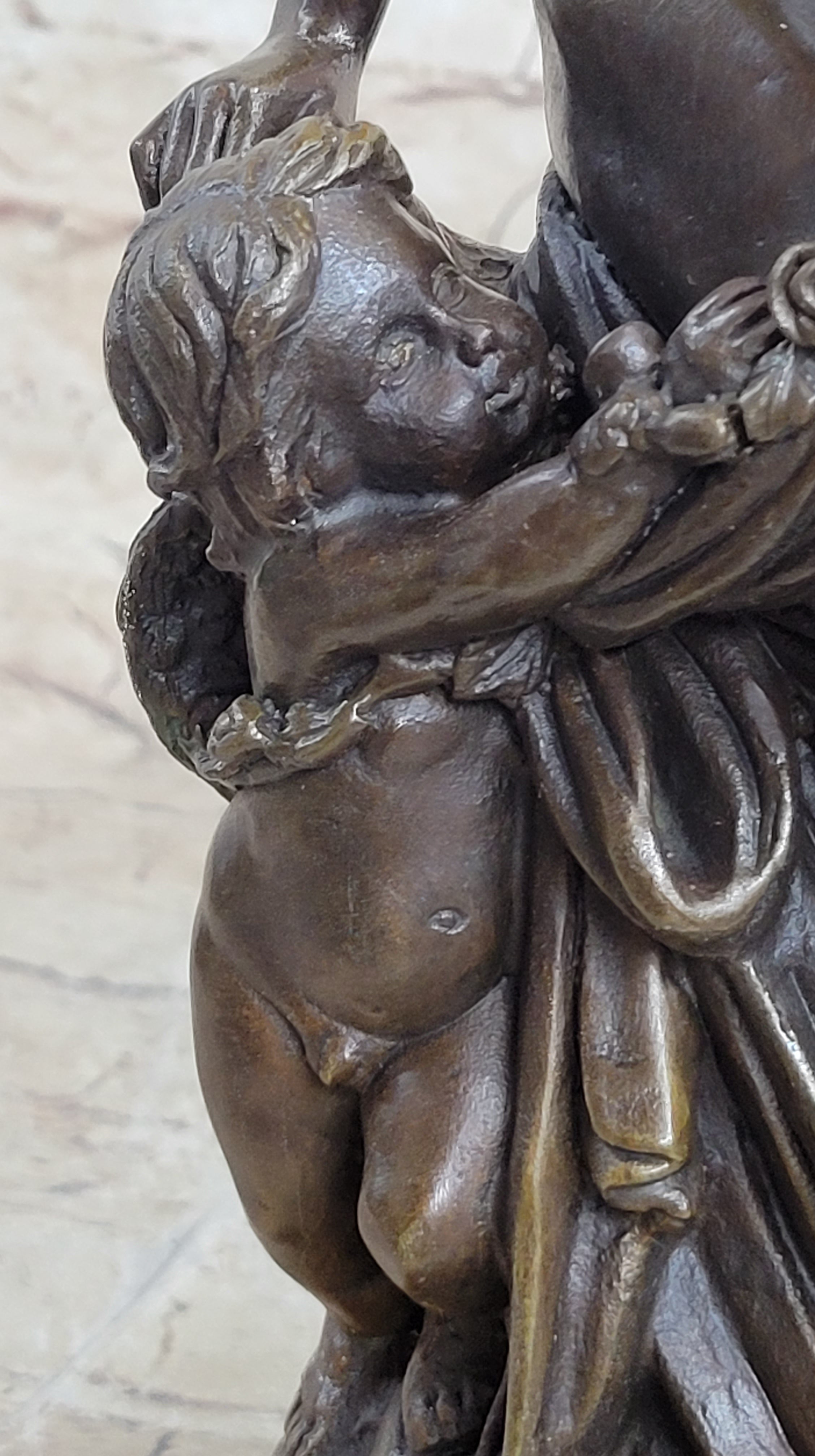 Nude Nymph Girl w/ Cherub Boy Hot Cast Bronze Sculpture on Marble Base