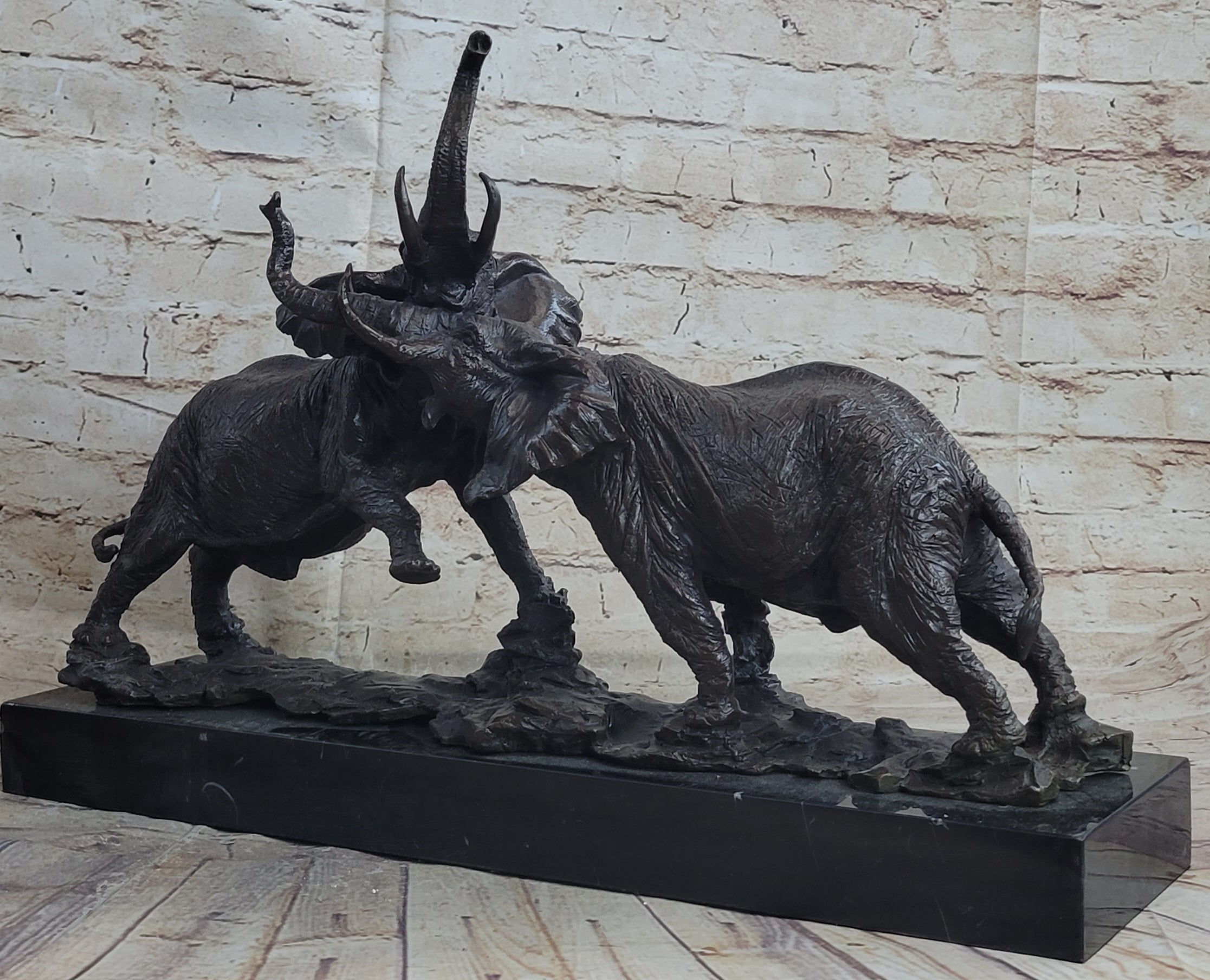 Elephants in Battle Bronze Sculpture Hot Cast Marble Base