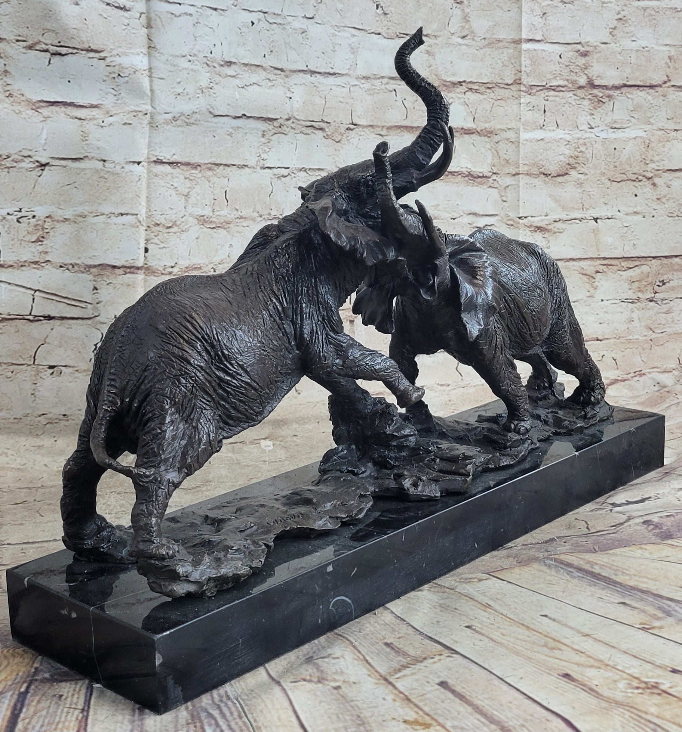 Elephants in Battle Bronze Sculpture Hot Cast Marble Base