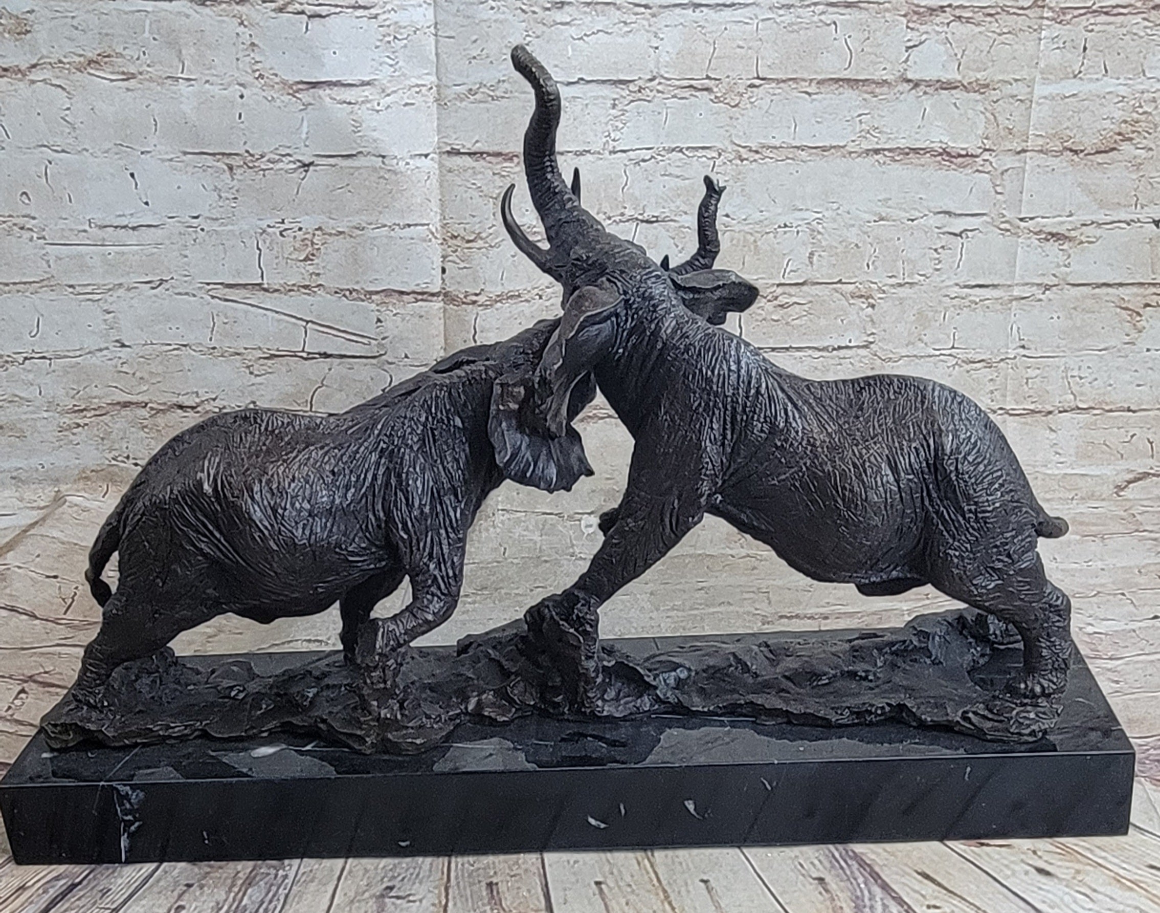 Elephants in Battle Bronze Sculpture Hot Cast Marble Base