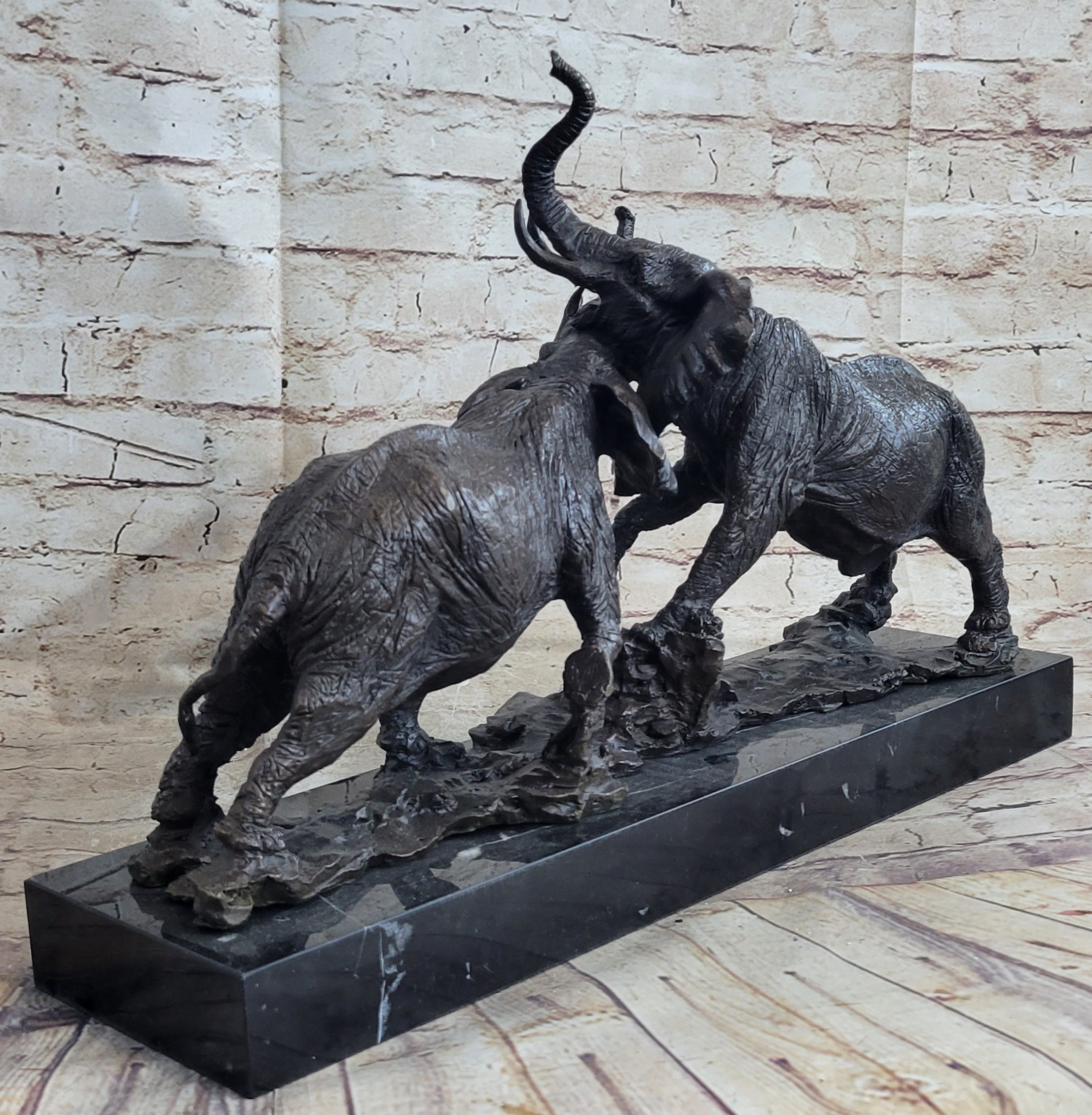Elephants in Battle Bronze Sculpture Hot Cast Marble Base