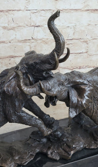 Elephants in Battle Bronze Sculpture Hot Cast Marble Base