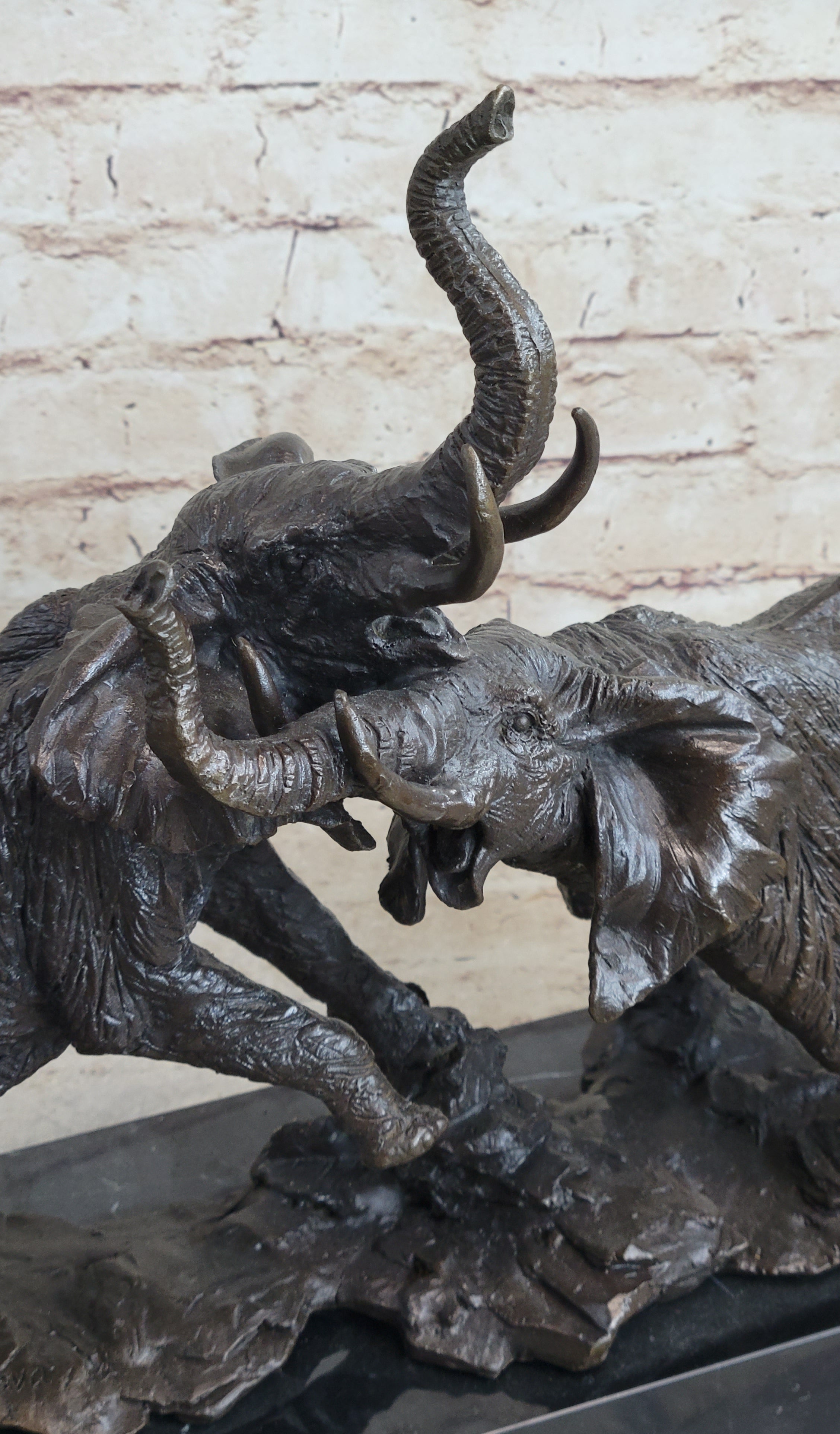 Elephants in Battle Bronze Sculpture Hot Cast Marble Base