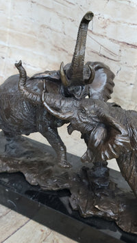 Elephants in Battle Bronze Sculpture Hot Cast Marble Base