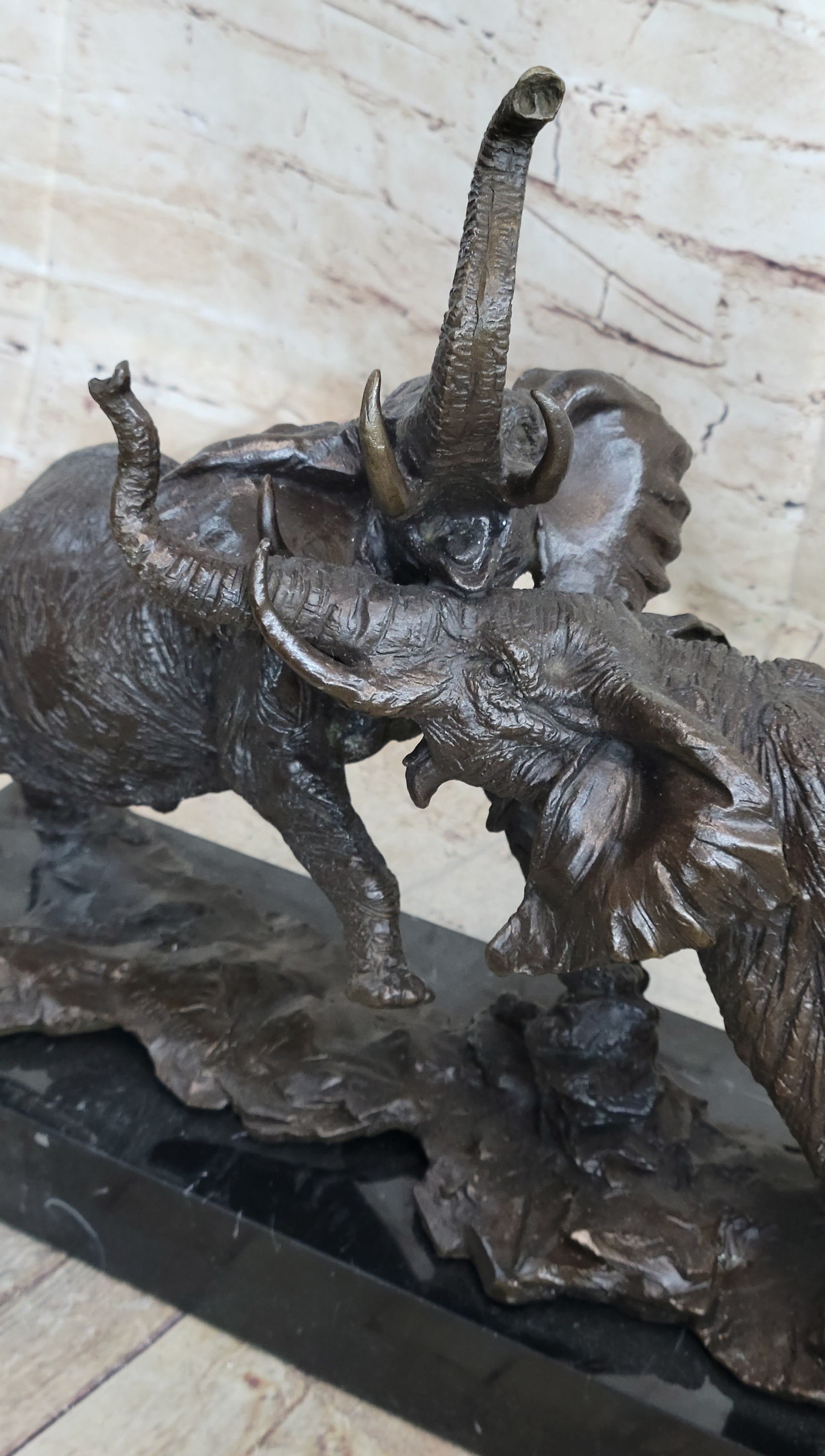 Elephants in Battle Bronze Sculpture Hot Cast Marble Base