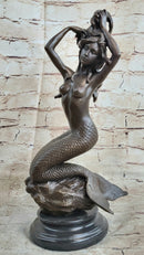 Signed Nude Sexy Mermaid Bronze Marble Mythical Sea Sculpture