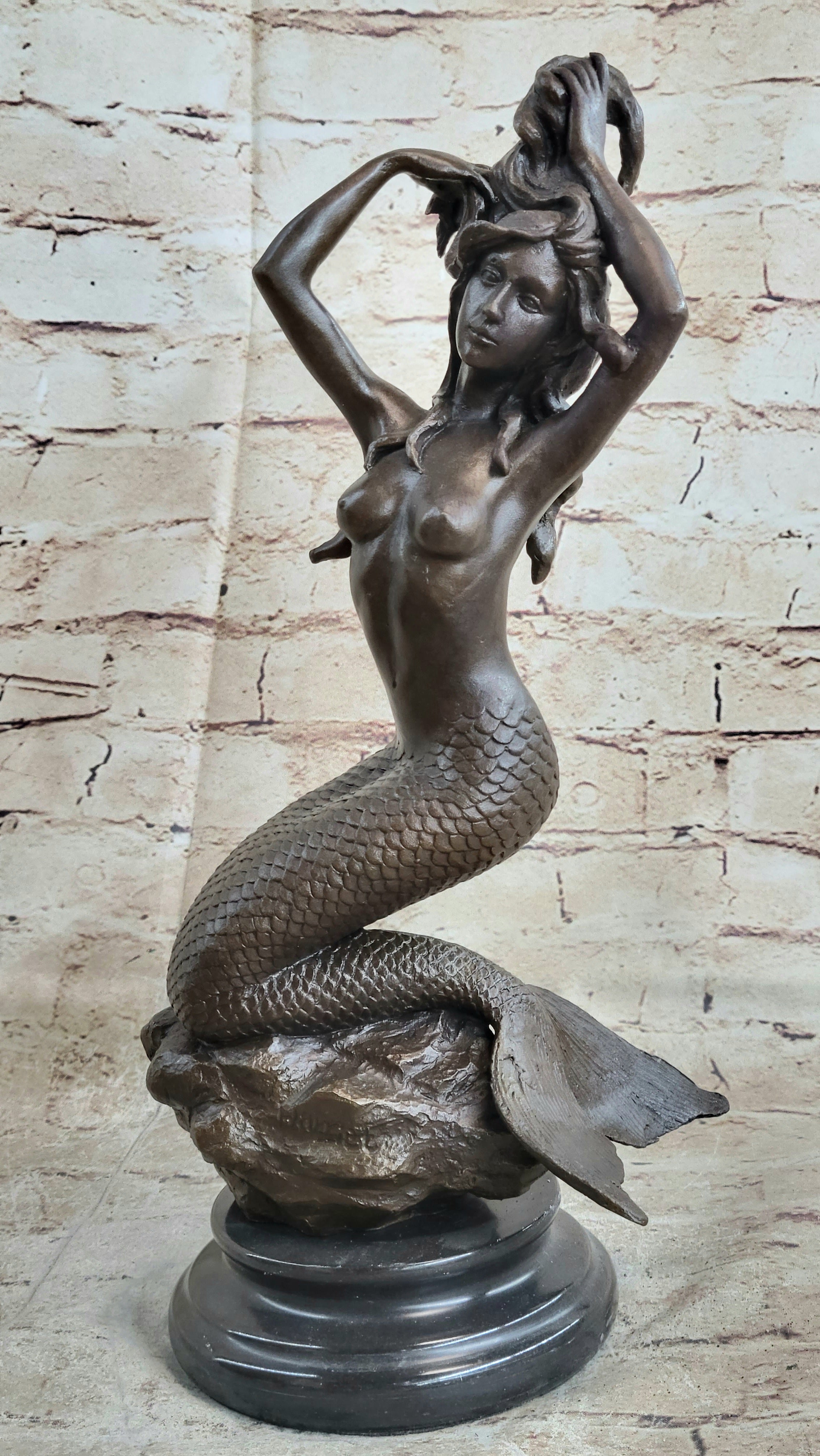Signed Nude Sexy Mermaid Bronze Marble Mythical Sea Sculpture