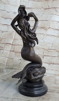 Signed Nude Sexy Mermaid Bronze Marble Mythical Sea Sculpture
