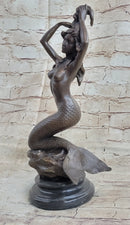 Signed Nude Sexy Mermaid Bronze Marble Mythical Sea Sculpture