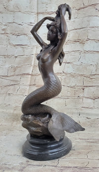Signed Nude Sexy Mermaid Bronze Marble Mythical Sea Sculpture