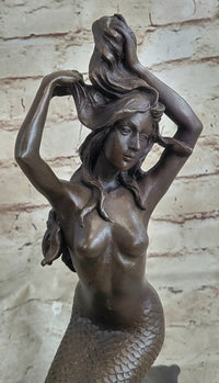 Signed Nude Sexy Mermaid Bronze Marble Mythical Sea Sculpture