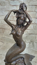 Signed Nude Sexy Mermaid Bronze Marble Mythical Sea Sculpture