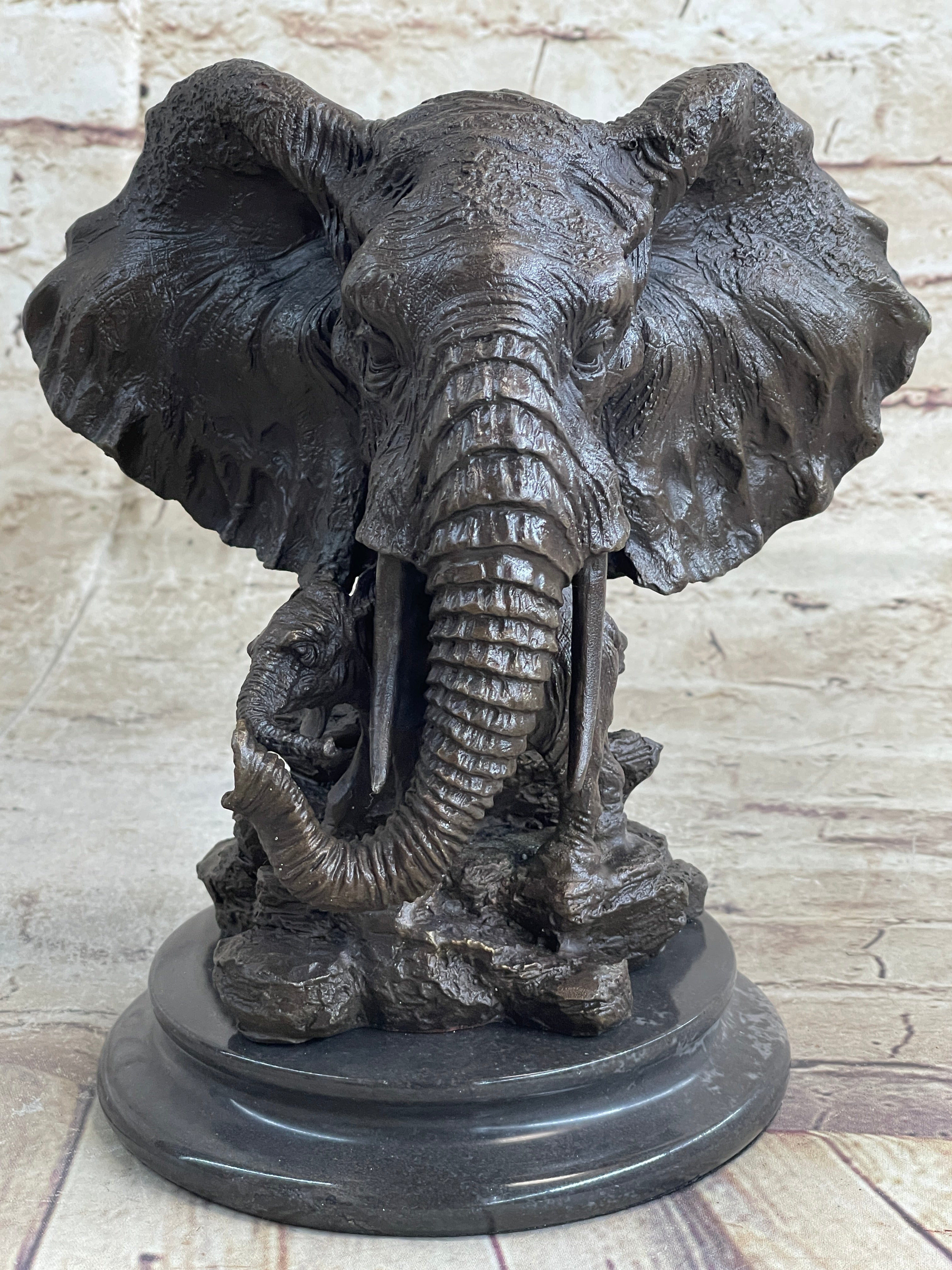 Striking Massive Elephant Head Bust with Baby Bronze Sculpture