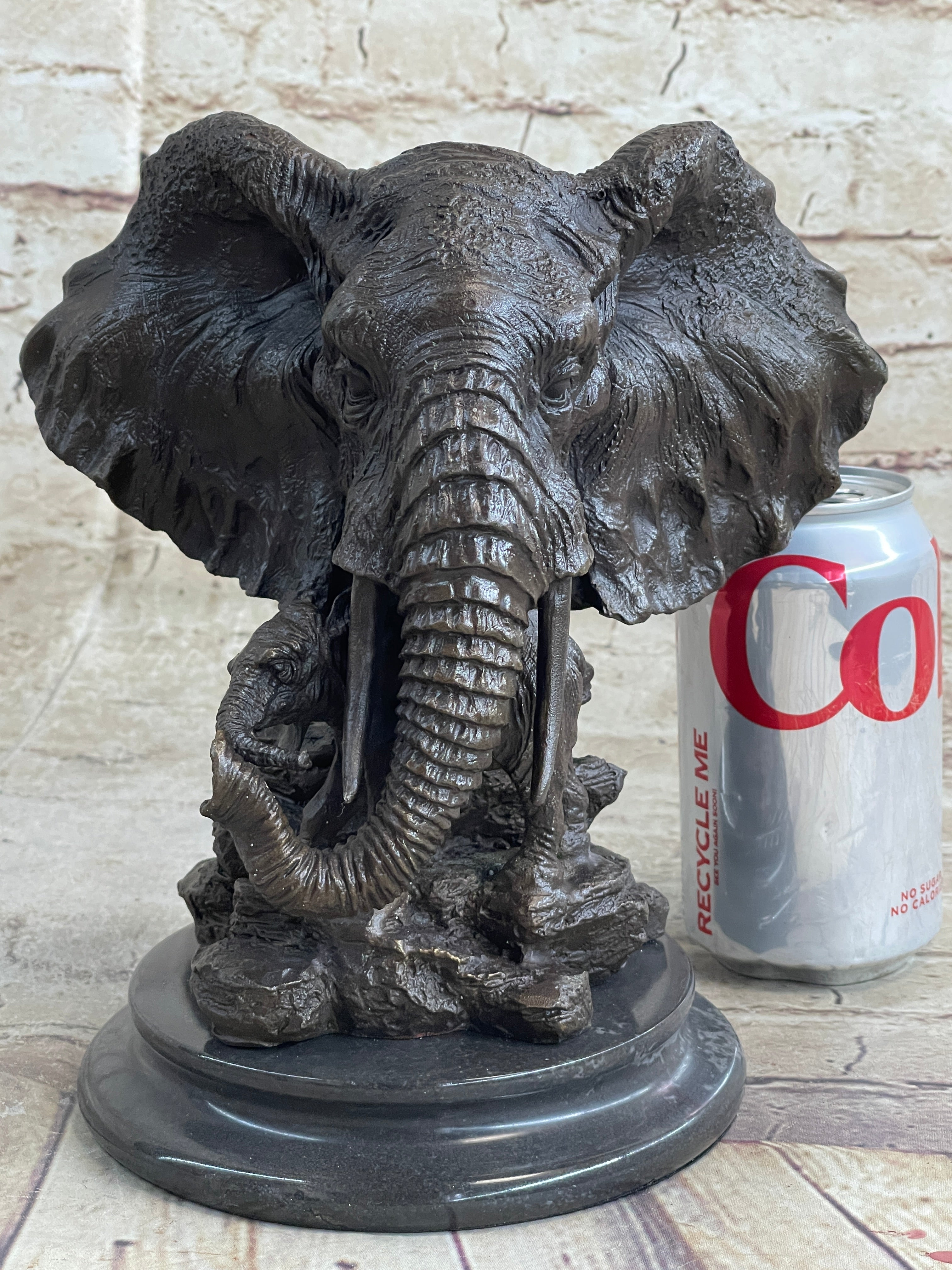 Striking Massive Elephant Head Bust with Baby Bronze Sculpture