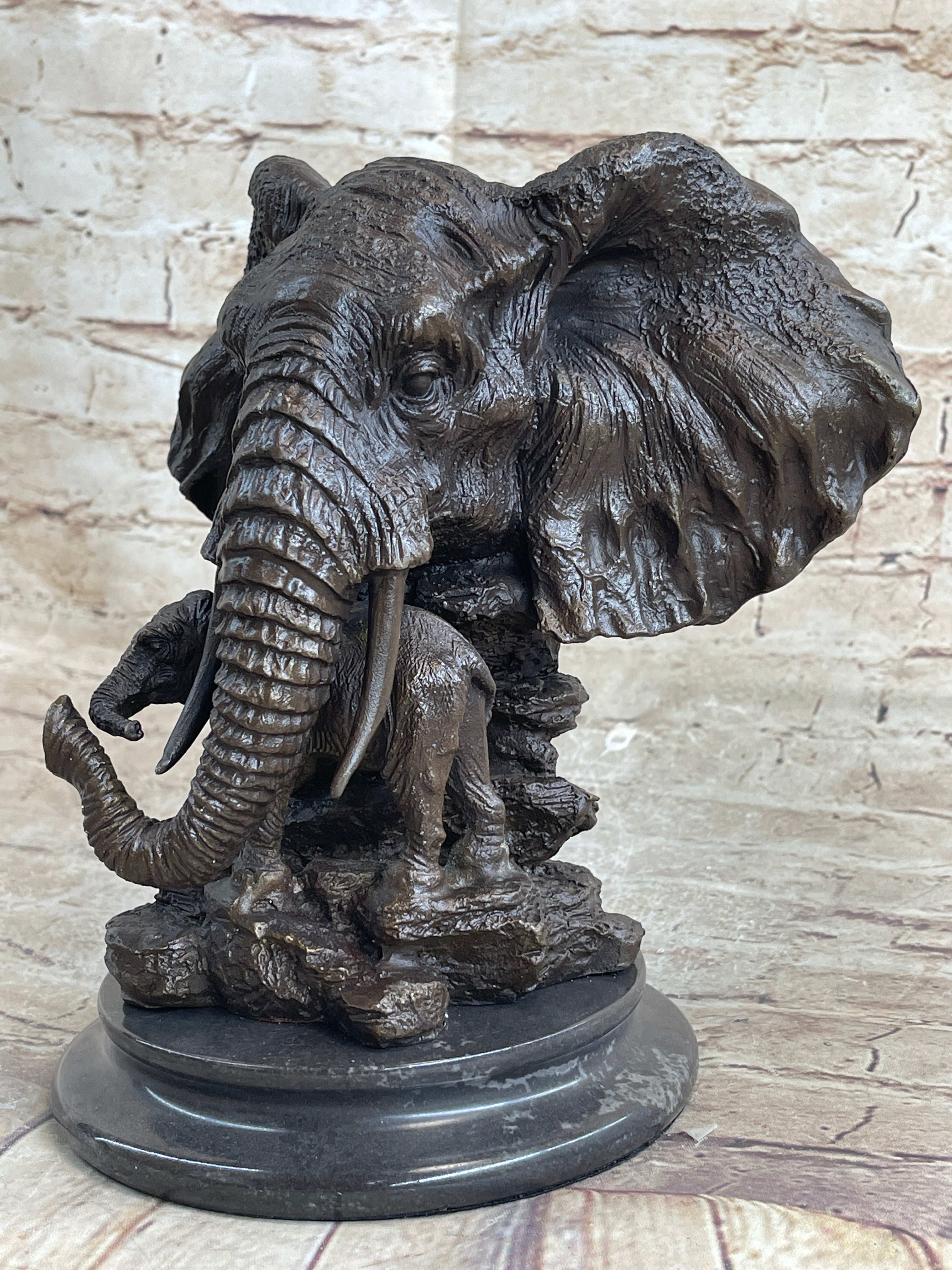 Striking Massive Elephant Head Bust with Baby Bronze Sculpture