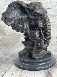 Striking Massive Elephant Head Bust with Baby Bronze Sculpture