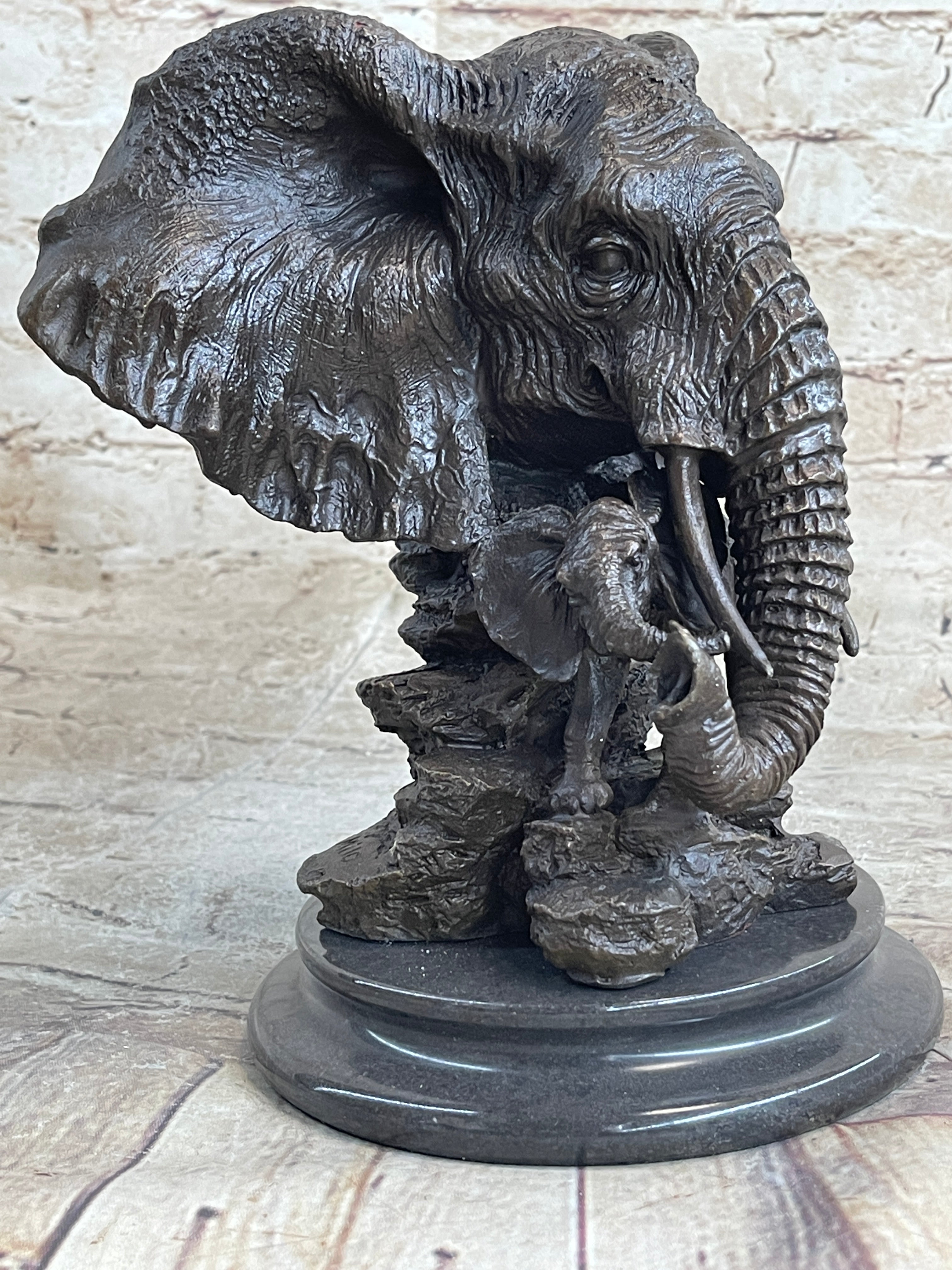 Striking Massive Elephant Head Bust with Baby Bronze Sculpture