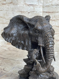 Striking Massive Elephant Head Bust with Baby Bronze Sculpture