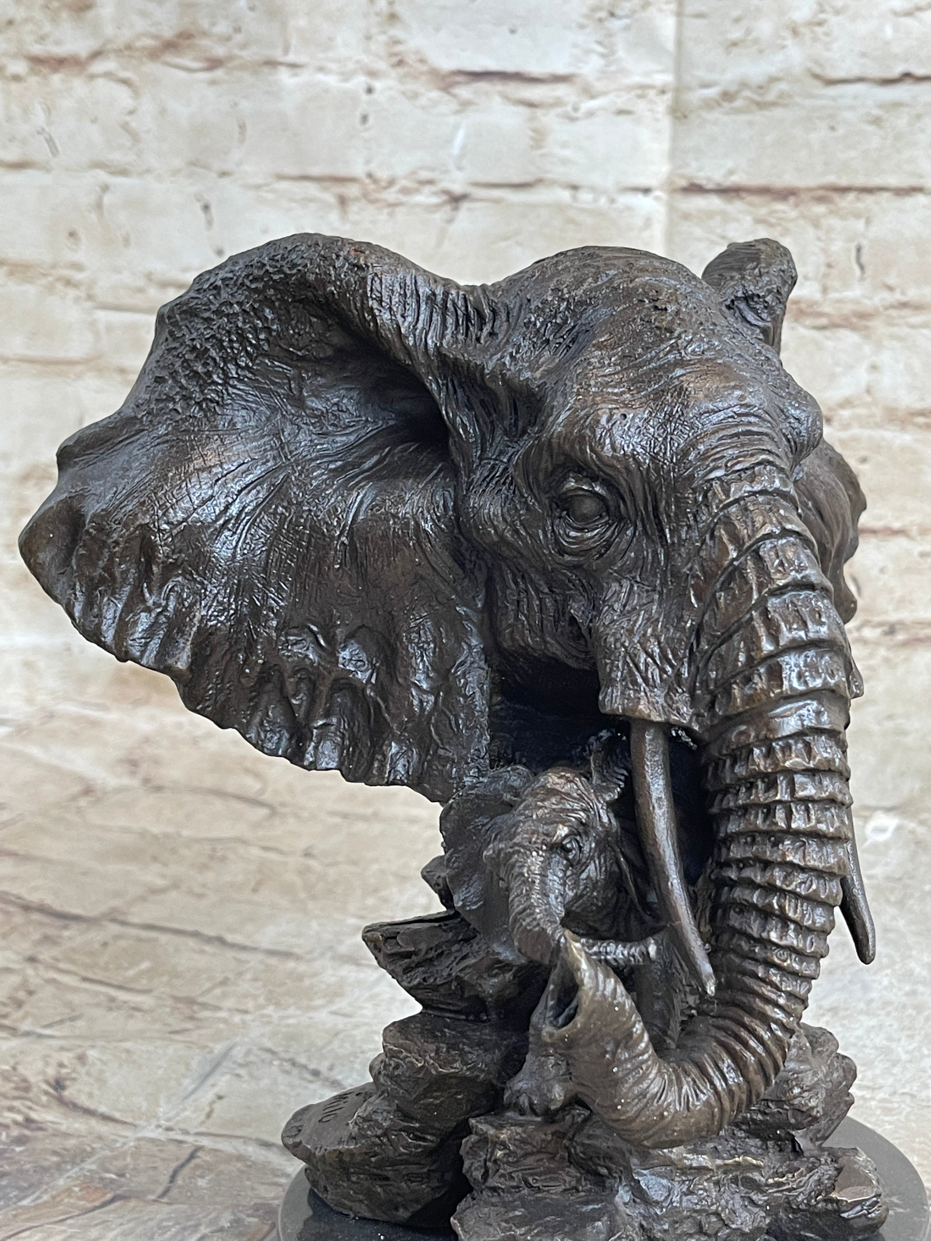 Striking Massive Elephant Head Bust with Baby Bronze Sculpture