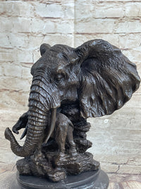 Striking Massive Elephant Head Bust with Baby Bronze Sculpture