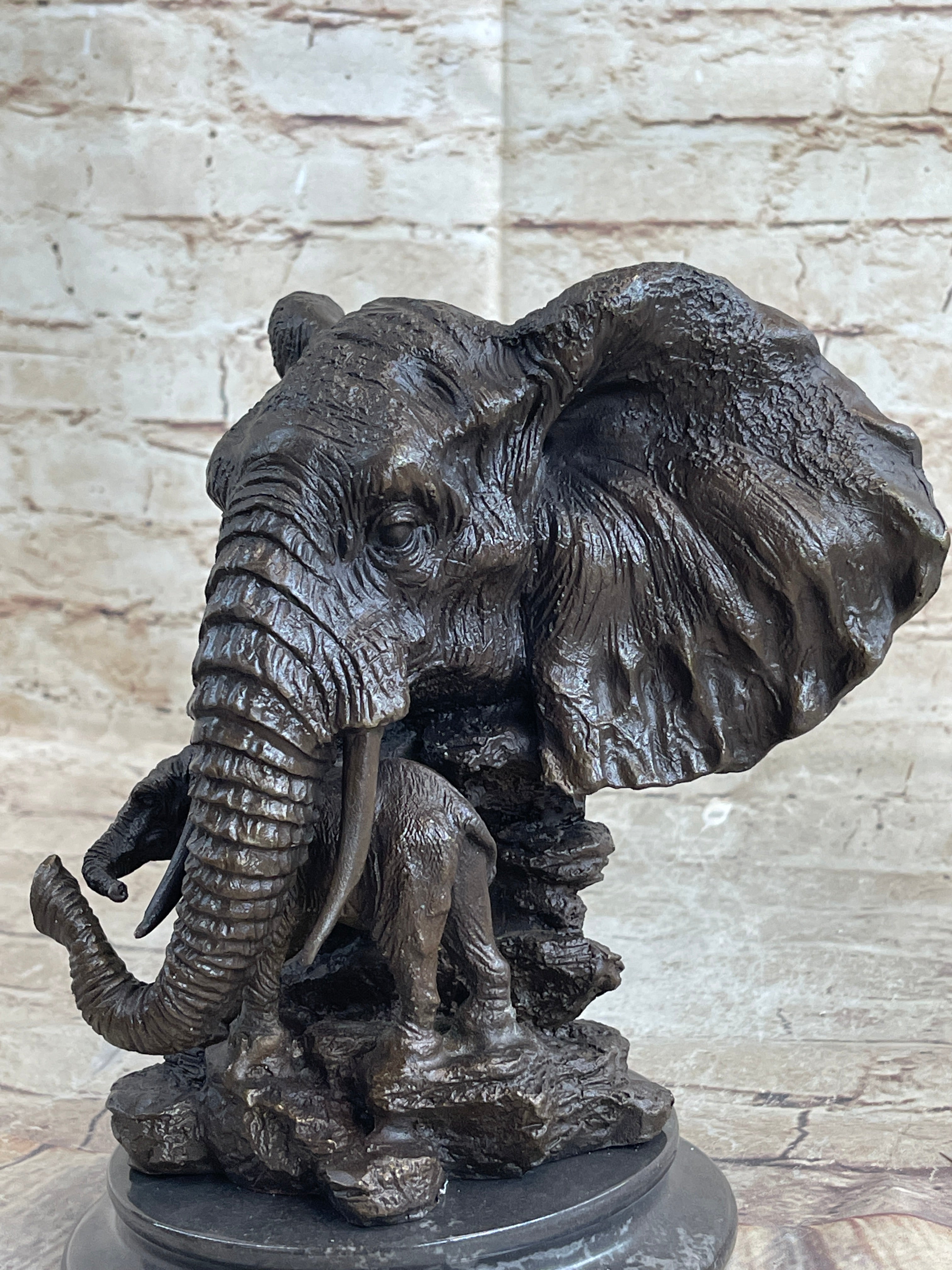 Striking Massive Elephant Head Bust with Baby Bronze Sculpture