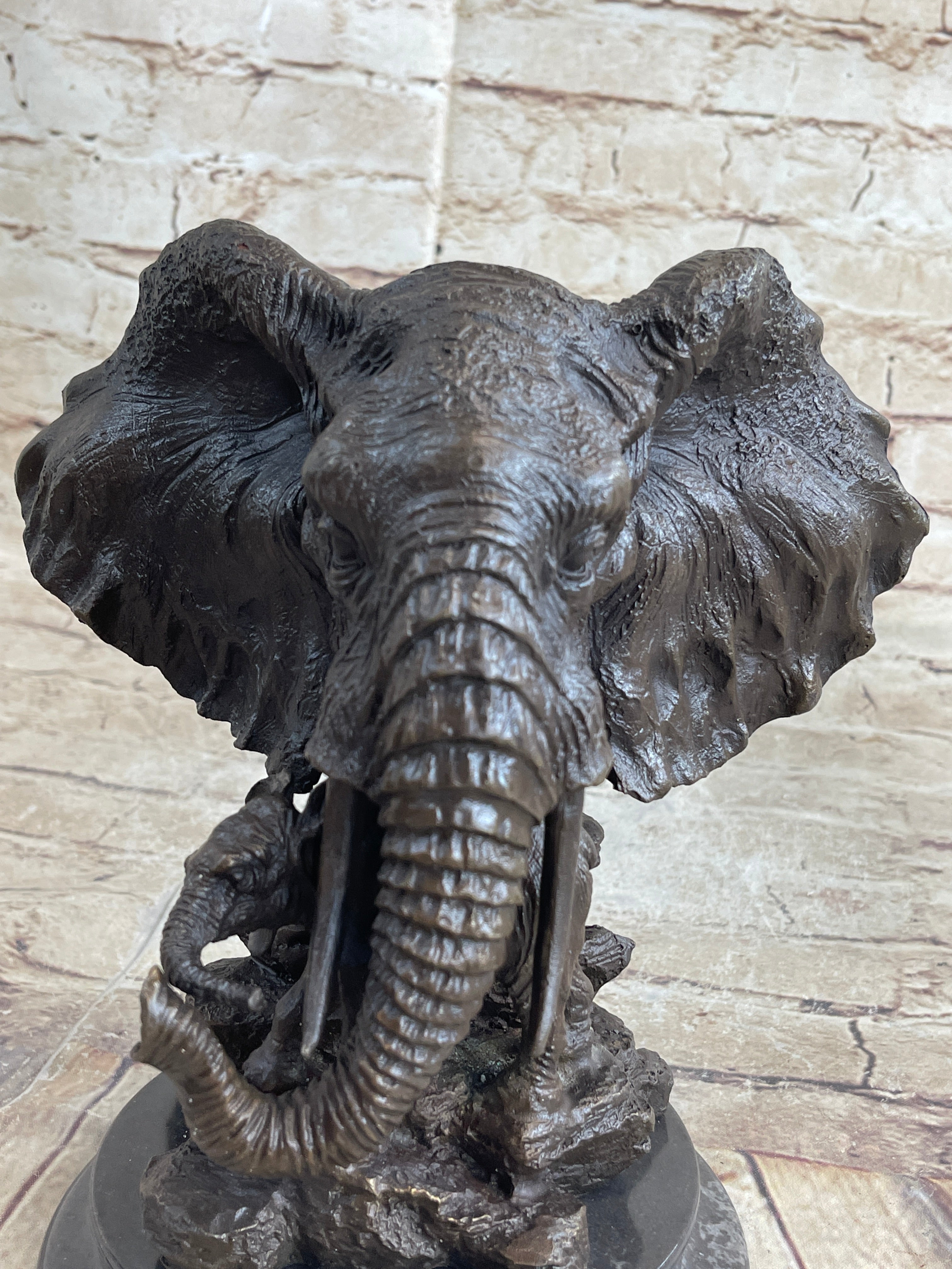 Striking Massive Elephant Head Bust with Baby Bronze Sculpture