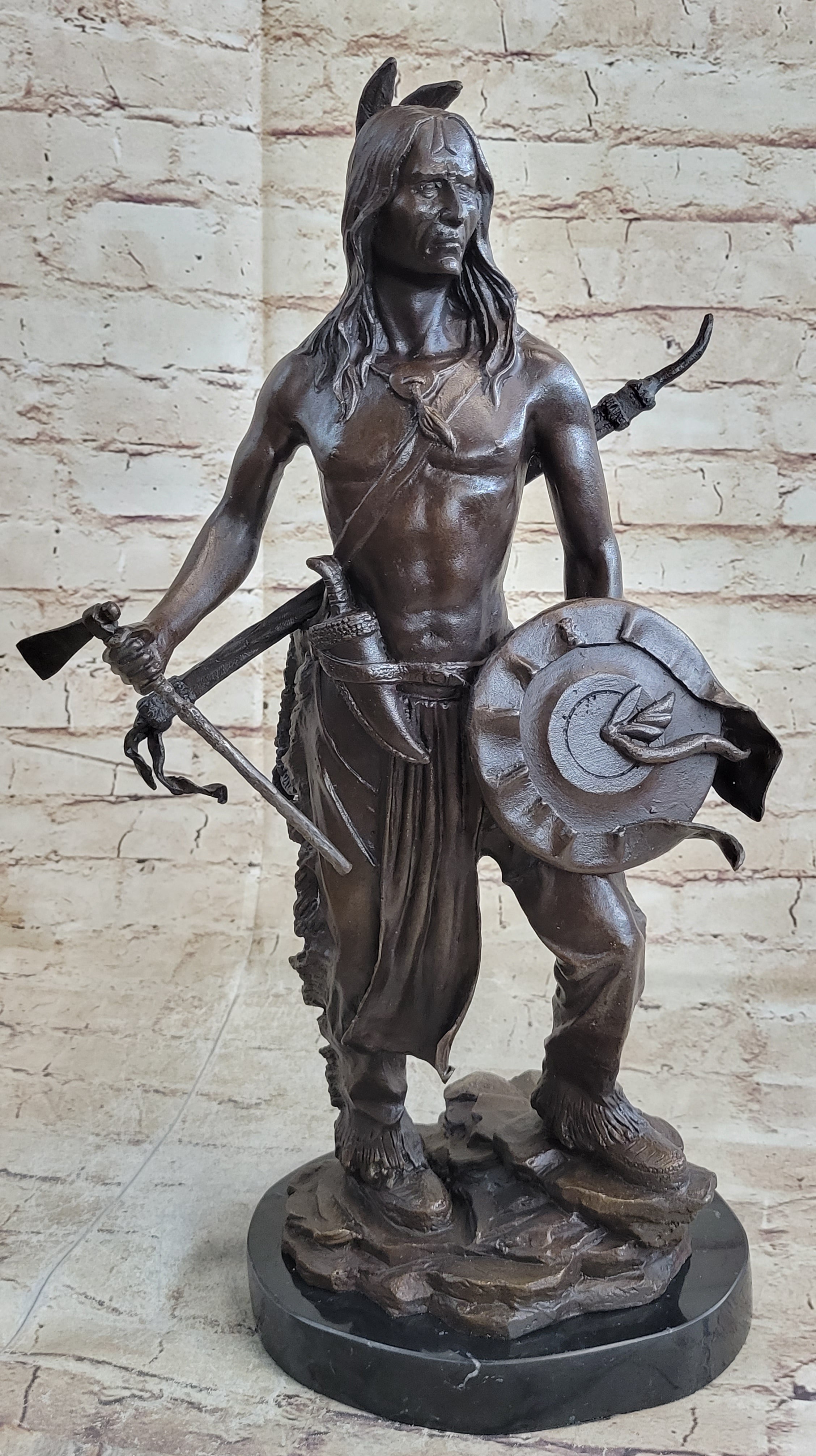 Native American Indian Warrior w/ Tomahawk - Bronze Sculpture