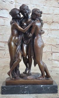 The 3 Graces Bronze Statue Sculpture by Antonio Canova of Three Nude Women on Marble Base