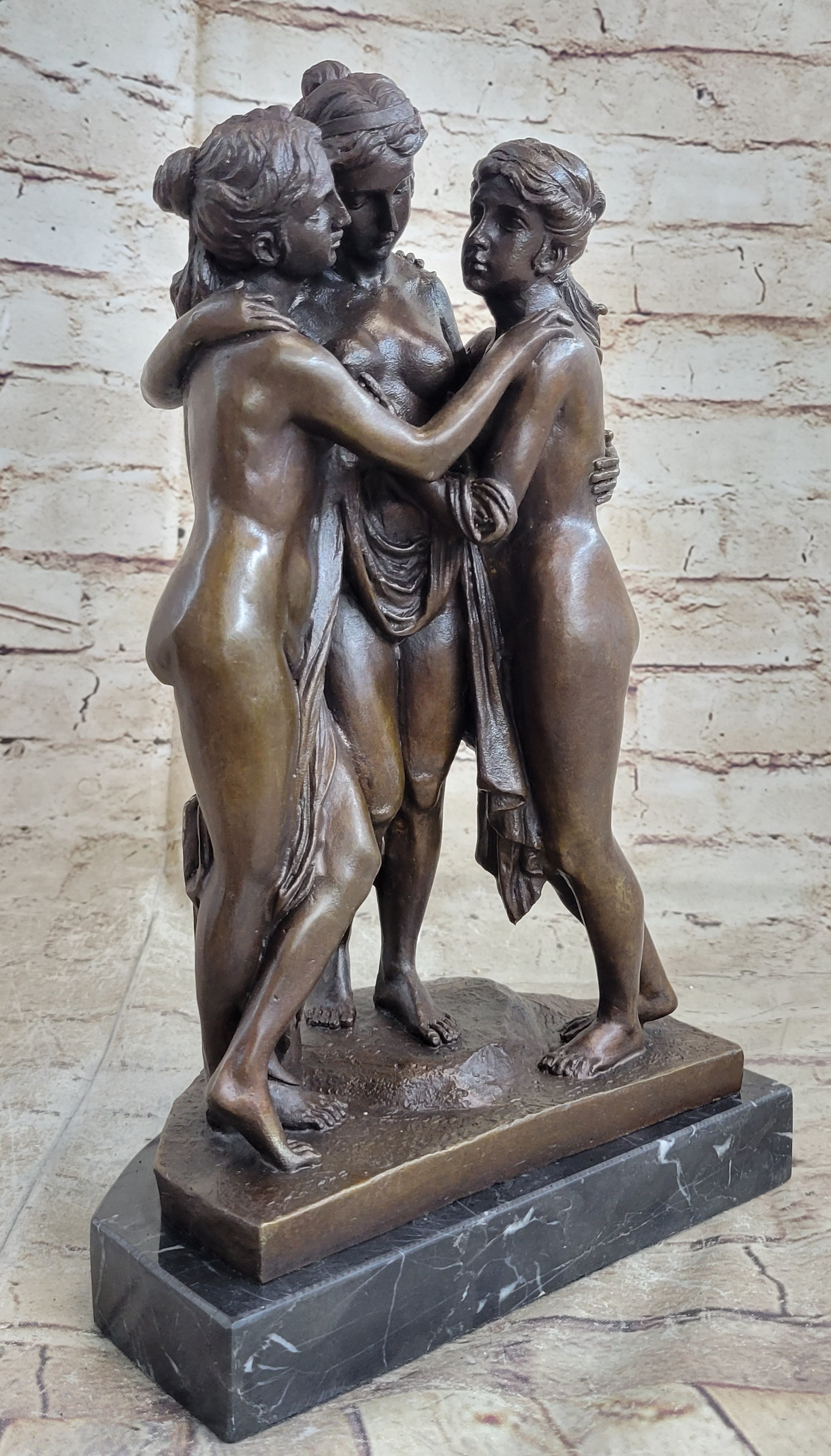 The 3 Graces Bronze Statue Sculpture by Antonio Canova of Three Nude Women on Marble Base