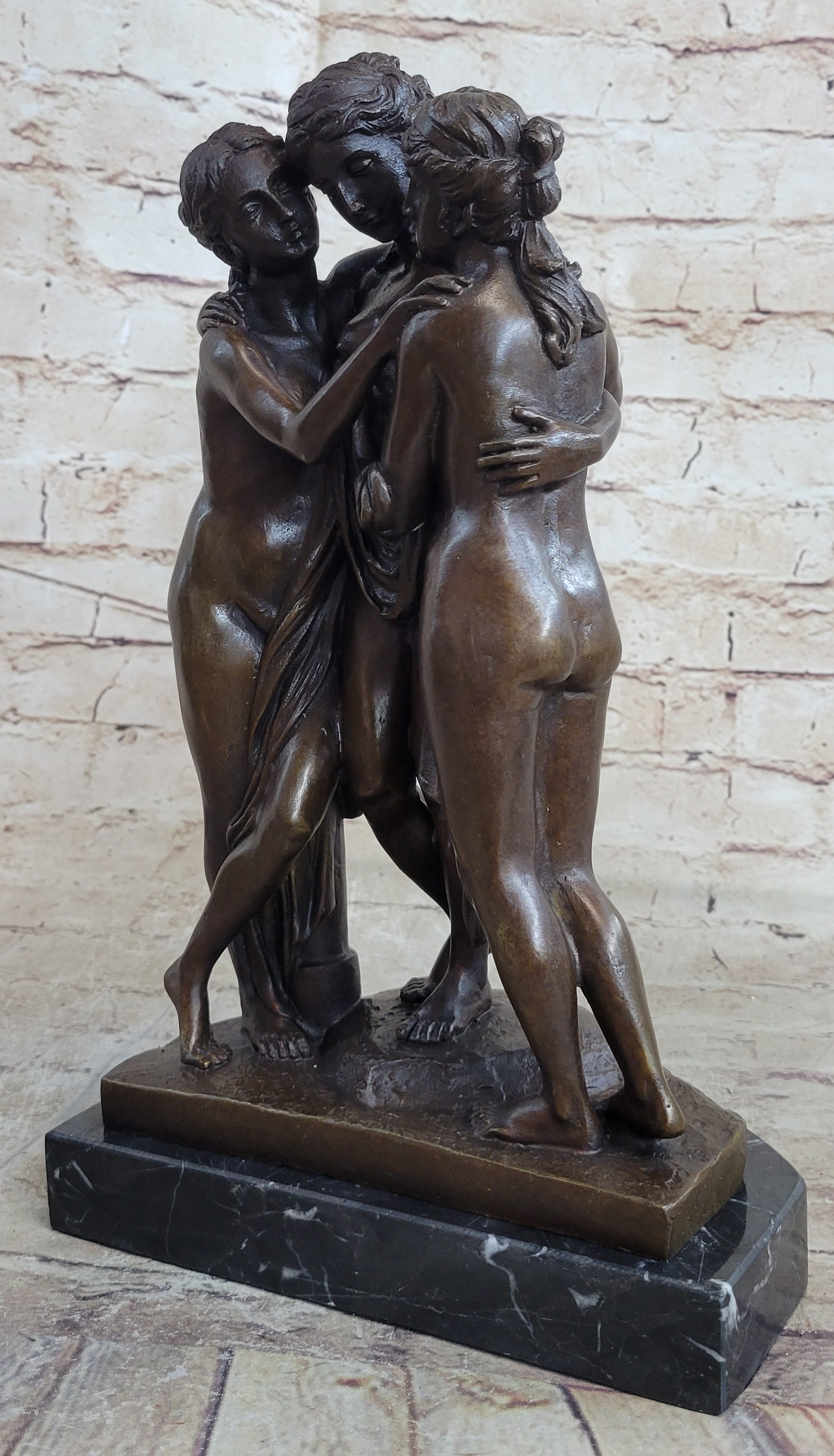 The 3 Graces Bronze Statue Sculpture by Antonio Canova of Three Nude Women on Marble Base