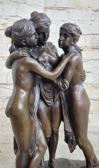 The 3 Graces Bronze Statue Sculpture by Antonio Canova of Three Nude Women on Marble Base