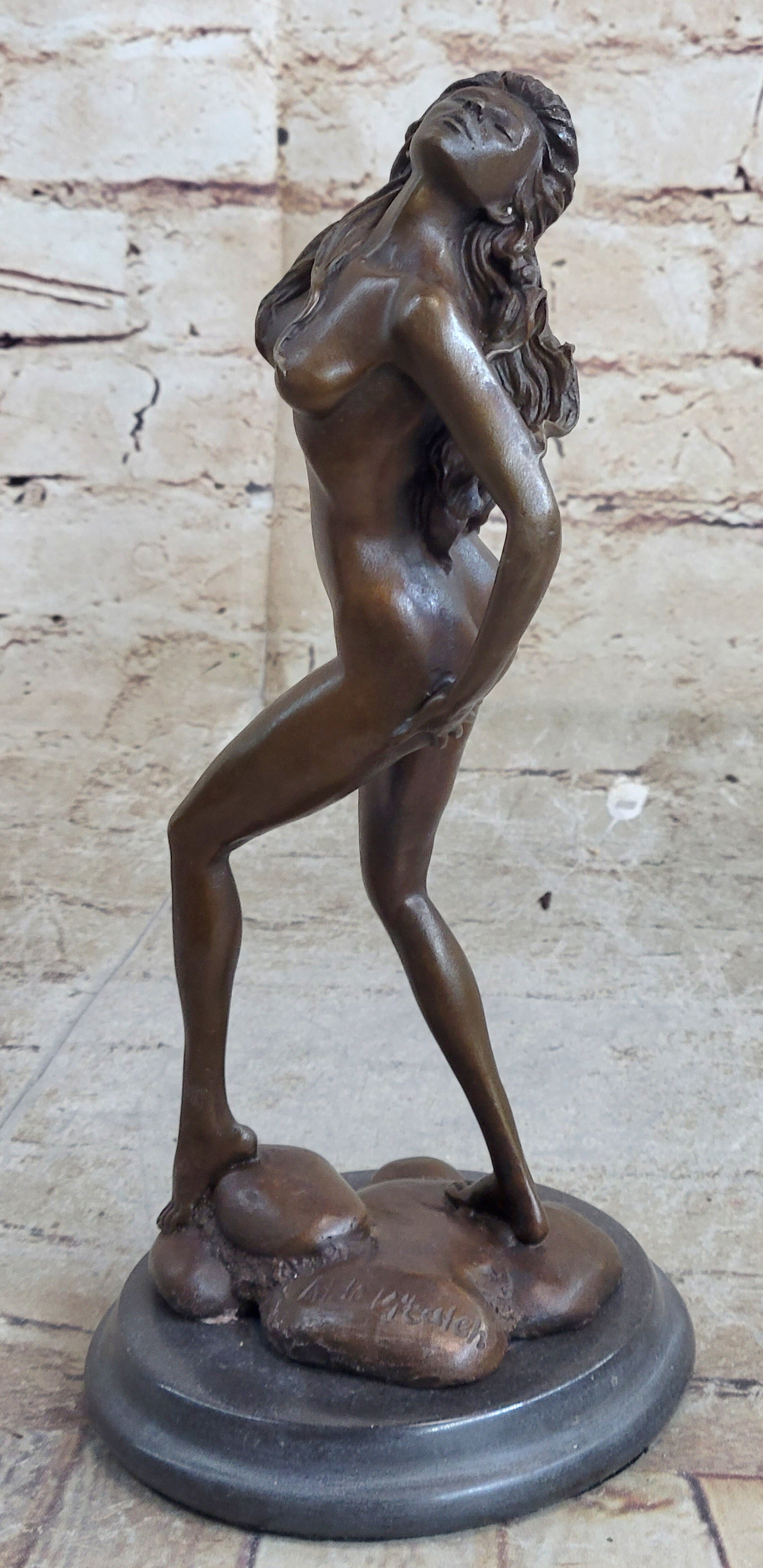 Nude Female Figure Hot Cast Bronze Sculpture Statue on Marble Base by Aldo Vitaleh