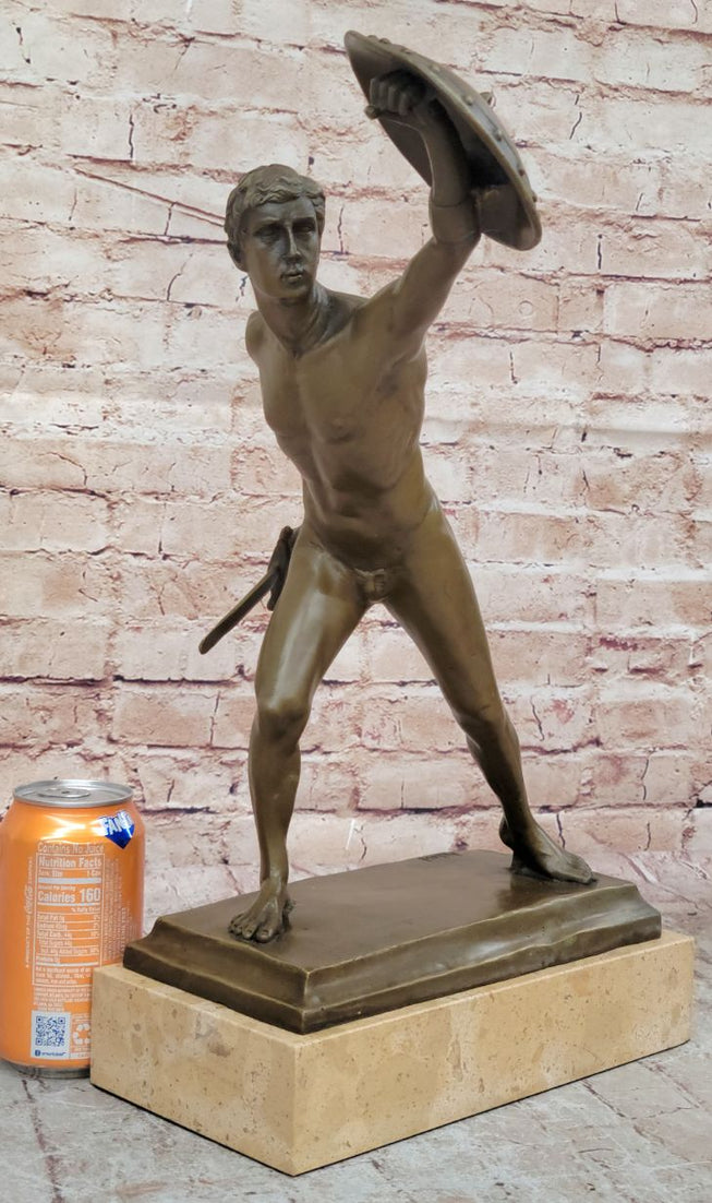 Roman Gladiator Bronze Sculpture on Marble Base 17" x 21"