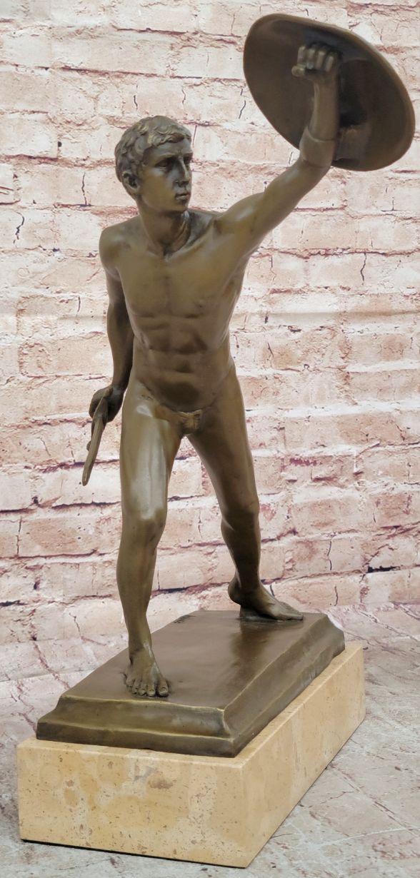 Roman Gladiator Bronze Sculpture on Marble Base 17" x 21"