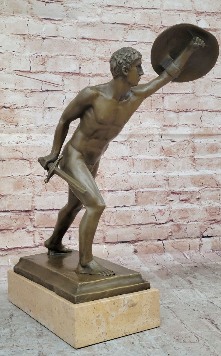 Roman Gladiator Bronze Sculpture on Marble Base 17" x 21"