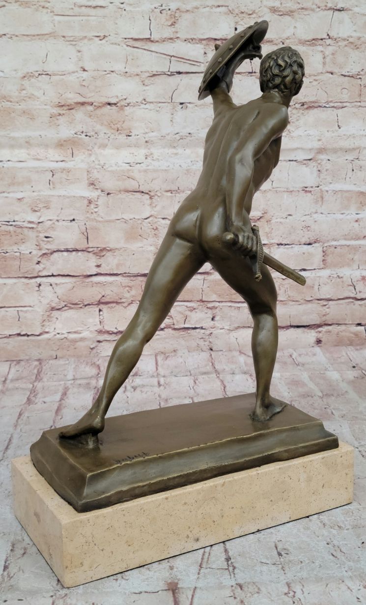 Roman Gladiator Bronze Sculpture on Marble Base 17" x 21"
