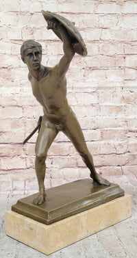 Roman Gladiator Bronze Sculpture on Marble Base 17" x 21"