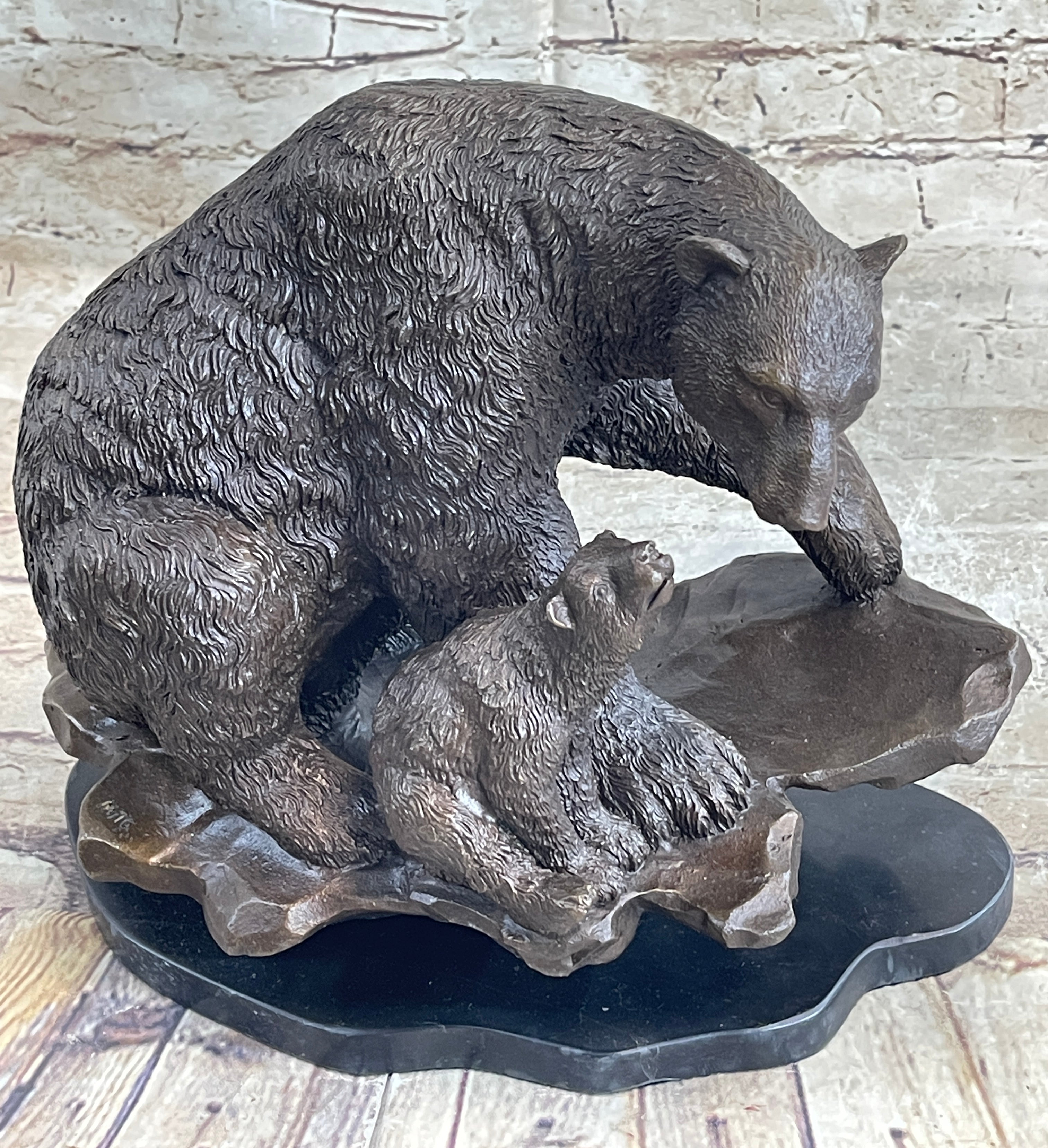 Bronze Bear and Cub Sculpture on Marble Base