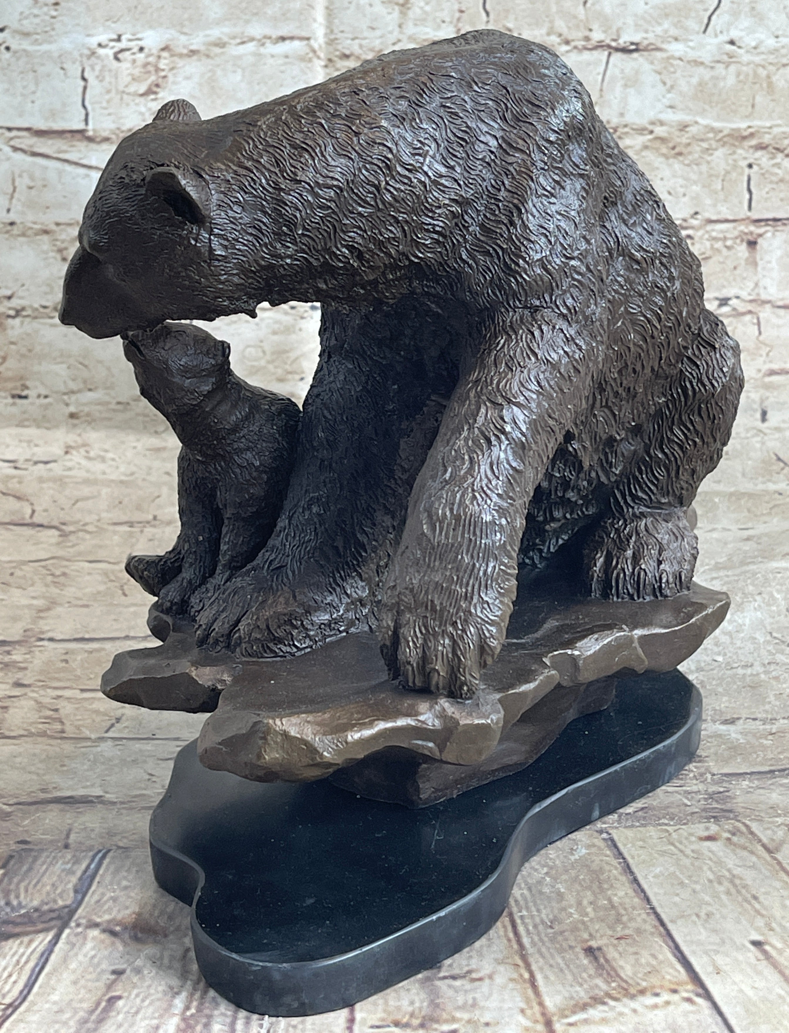 Bronze Bear and Cub Sculpture on Marble Base