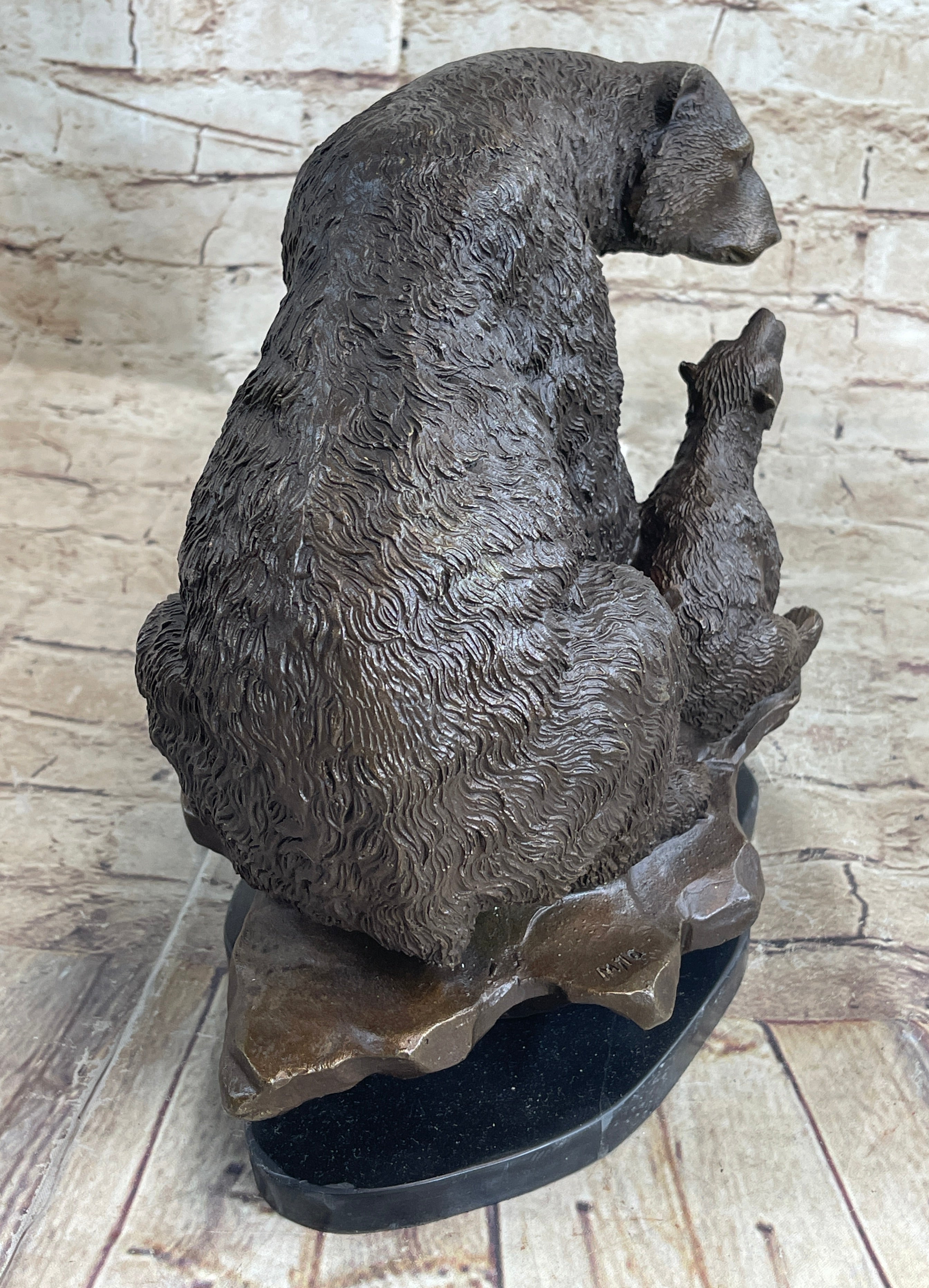 Bronze Bear and Cub Sculpture on Marble Base