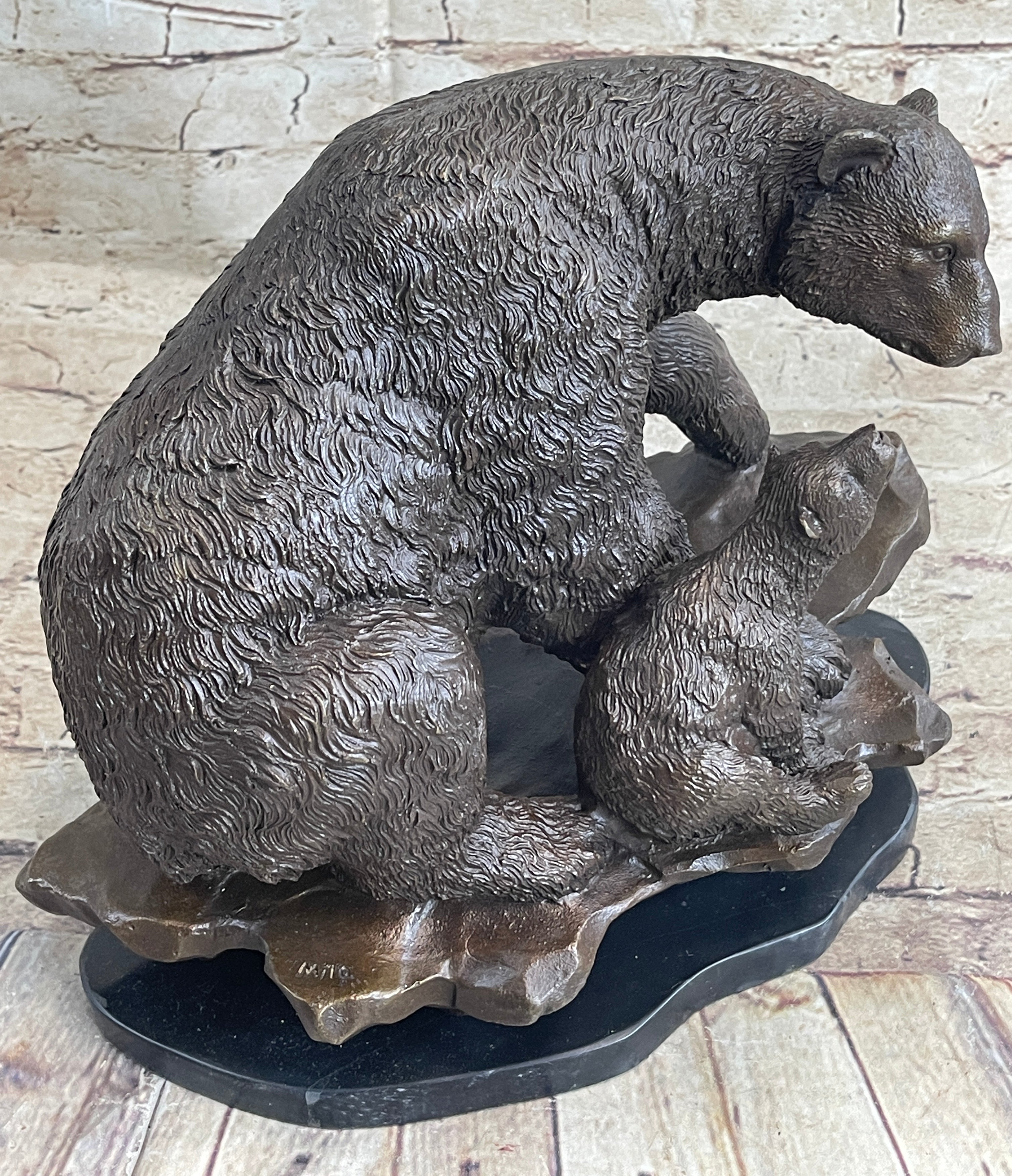 Bronze Bear and Cub Sculpture on Marble Base