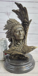 Native American Man & Eagle Bronze Bust on Marble Base