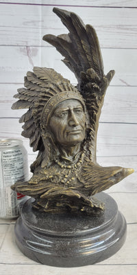 Native American Man & Eagle Bronze Bust on Marble Base