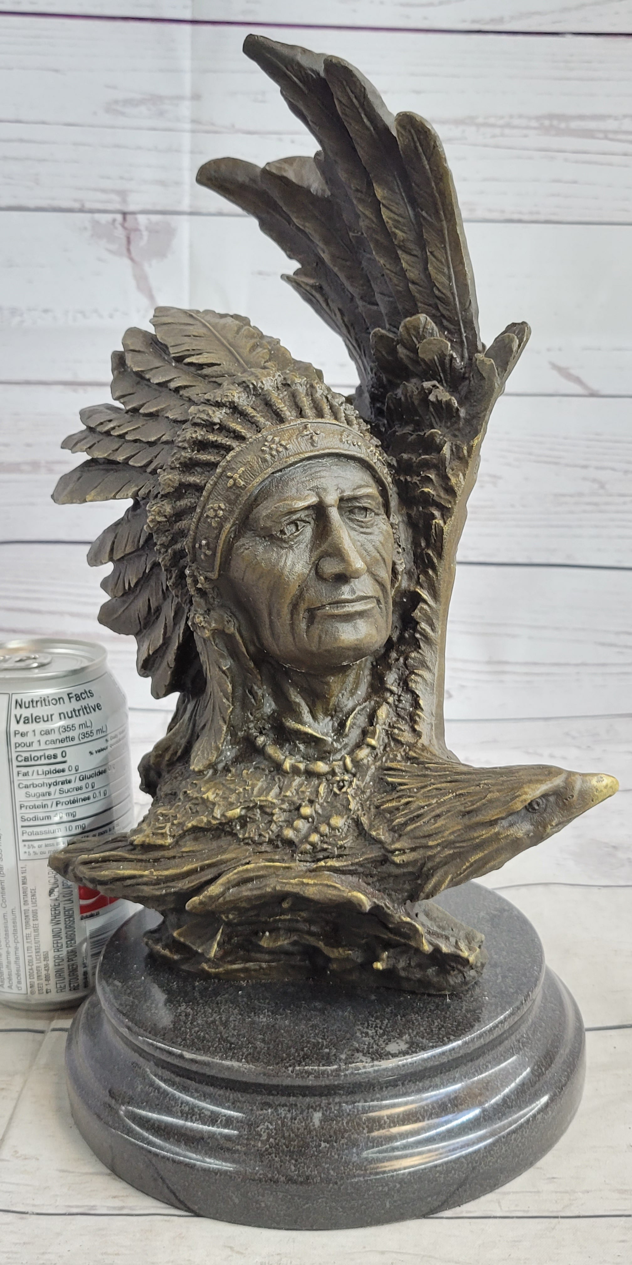 Native American Man & Eagle Bronze Bust on Marble Base