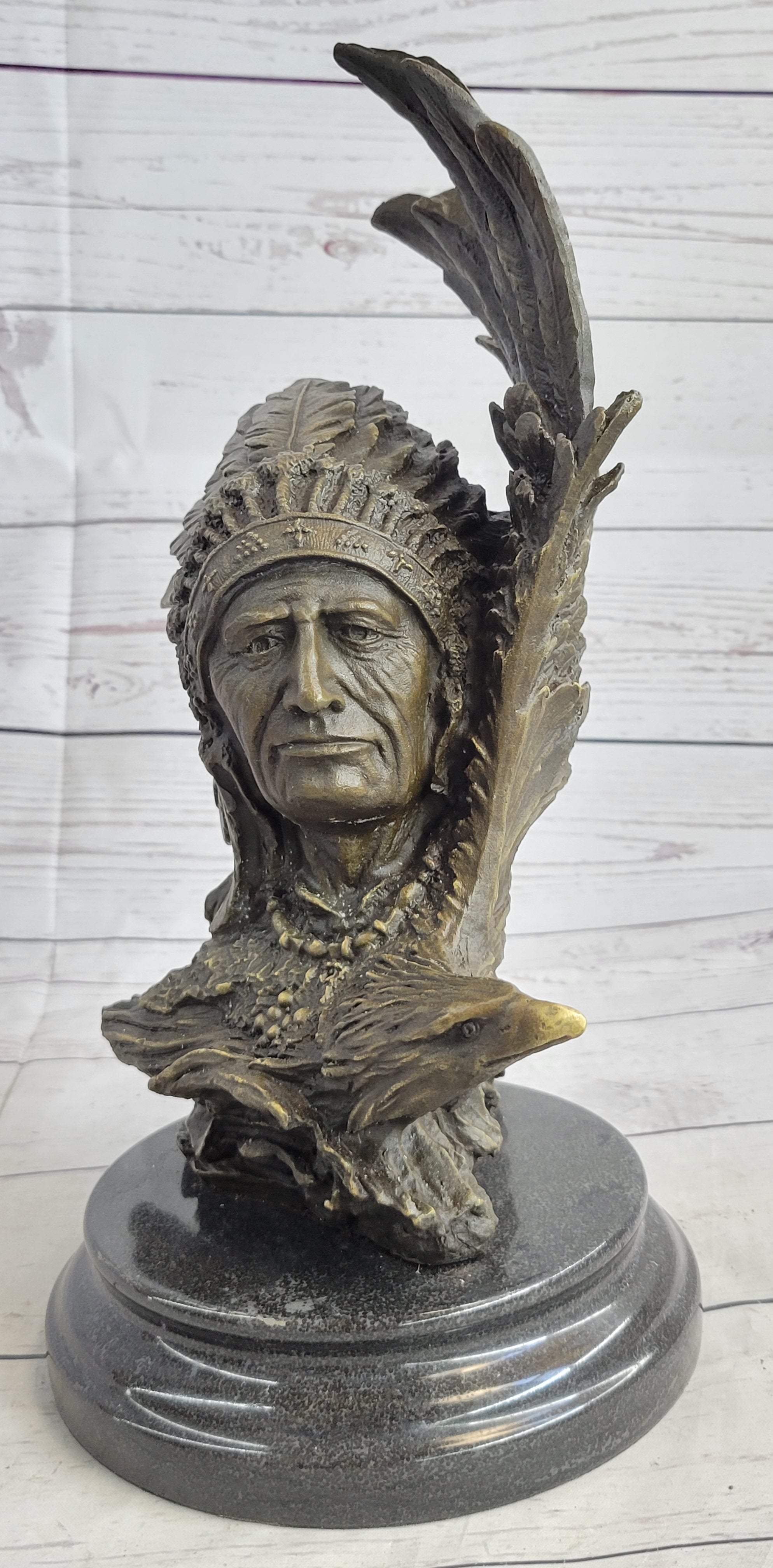 Native American Man & Eagle Bronze Bust on Marble Base