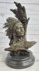 Native American Man & Eagle Bronze Bust on Marble Base