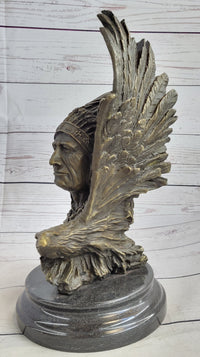 Native American Man & Eagle Bronze Bust on Marble Base
