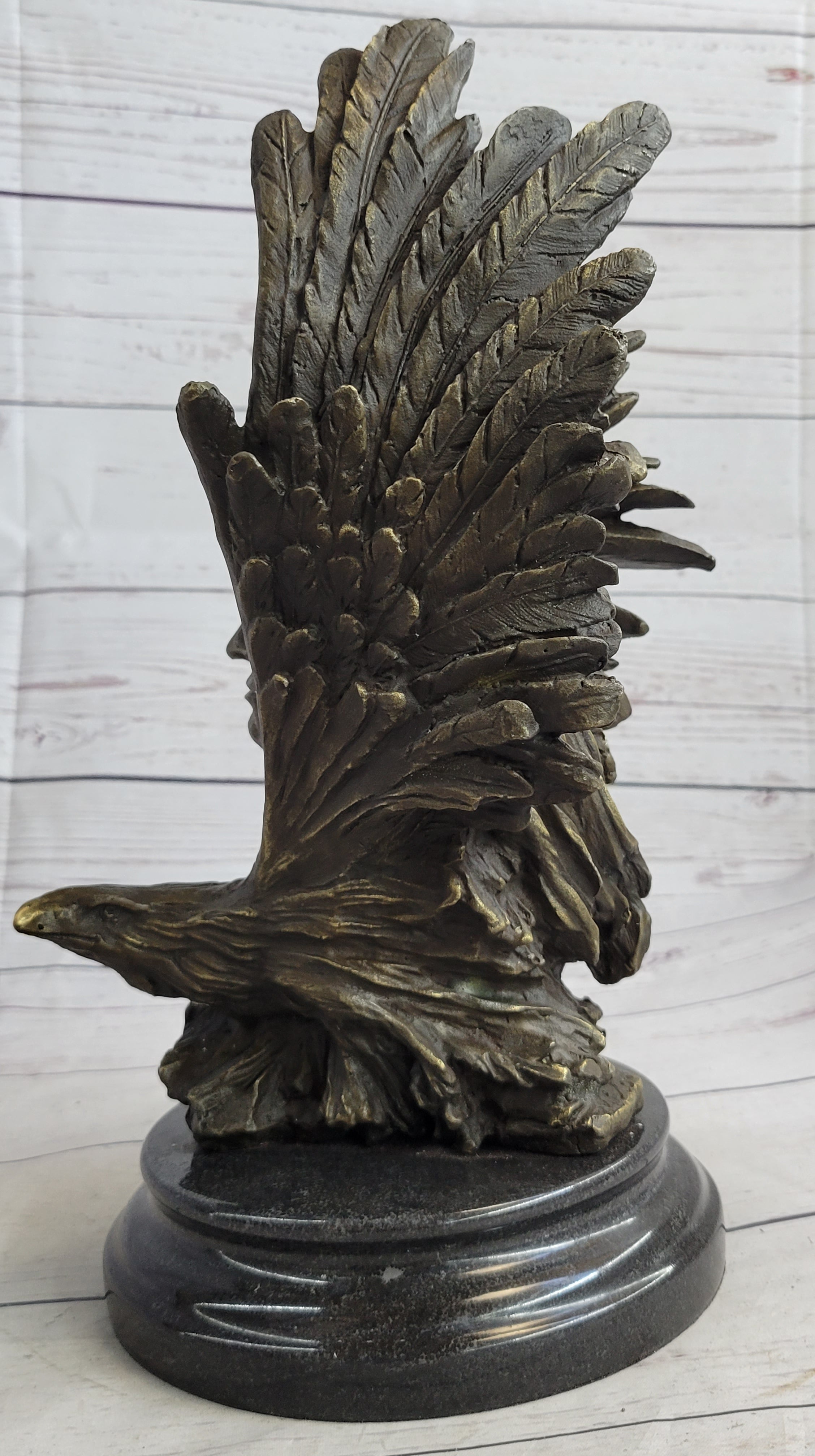 Native American Man & Eagle Bronze Bust on Marble Base