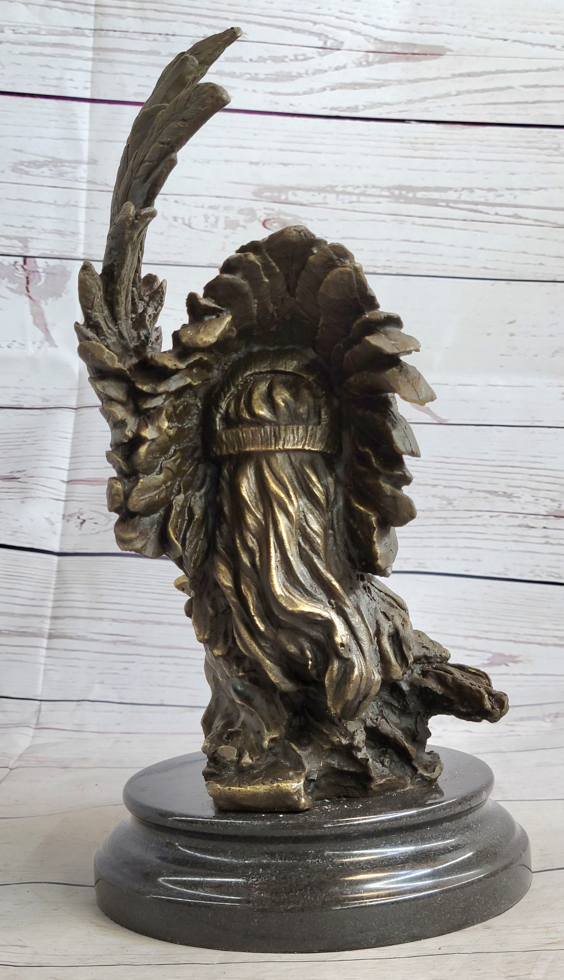 Native American Man & Eagle Bronze Bust on Marble Base